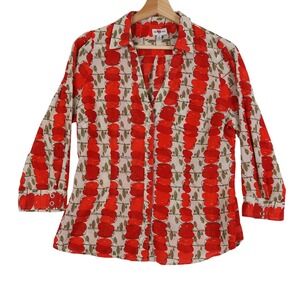 We Love Vera Womens Apple Print Blouse Size 8 Button Front Lightweight Artsy Top